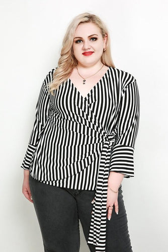 Long Sleeve Shirt Blouse Women Plus Size V neck Flare Sleeve Tunics  Peplum Tops Vetical Stripe eprolo