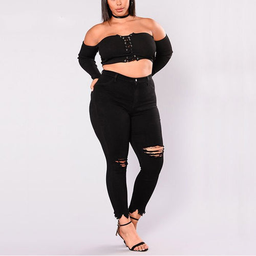 Women Holes Plus Size Jeans Pants Skinny Elastic Pencil Pants Mid Waist Black Jeans Woman Casual Spring 2-7XL Trousers eprolo