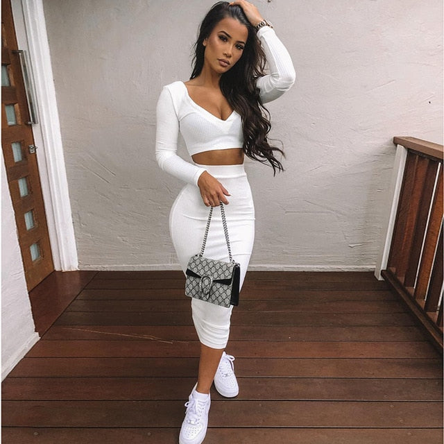 NewAsia Sexy Two Piece Set V-neck Long Sleeve Crop Top Long Skirt Set Party Clothing Sets Outfit Women Two Piece Outfits 2020 eprolo