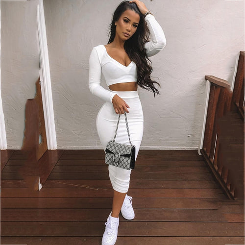 NewAsia Sexy Two Piece Set V-neck Long Sleeve Crop Top Long Skirt Set Party Clothing Sets Outfit Women Two Piece Outfits 2020 eprolo