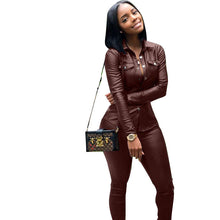 Load image into Gallery viewer, Sexy Two Piece Set Women Plus Size PU Leather Long Sleeve Top and Bodycon Pant Suit eprolo