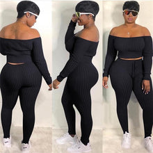 Load image into Gallery viewer, Two Piece Set Autumn Outfits Tracksuit Women Blue Ribbed Striped Slash Neck Short Tops Pencil  Pants eprolo