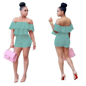 Plus Size Women Playsuits And Jumpsuit Two Pieces Set Women Ruffles Crop Top And Shorts Bodycon Bodysuit eprolo