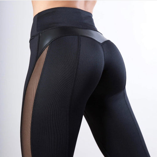 Sexy Mesh Leather Patchwork Black Leggings Women High Waist Fitness Push Up Hiking Legging Pants Jogging Femme eprolo