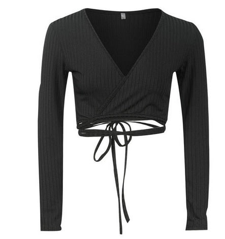 Lossky Autumn Women's T-shirt 2018 Sexy Deep V-neck Exposed Navel Straps Long-sleeved Black T Shirt Women's Knitting Top T Shirt eprolo