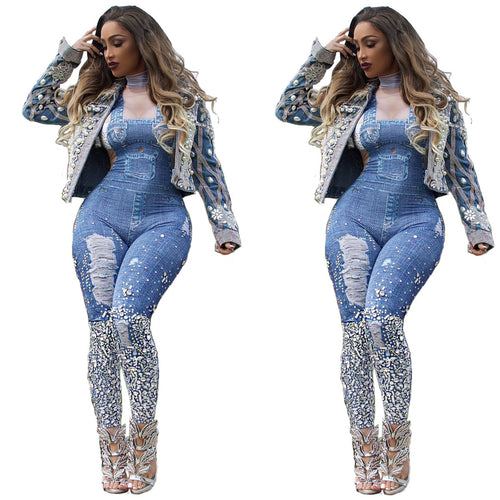 Sexy Plus Size Print Jeans Rompers Strap Pocket Denim Casual Loose Jumpsuit Long Pants eprolo