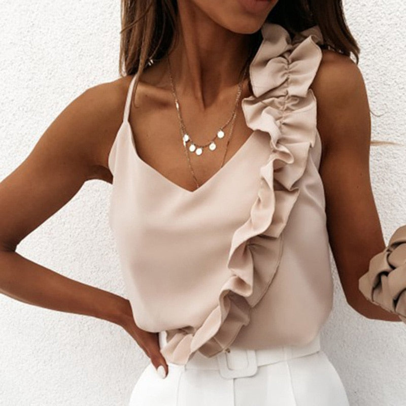 Women Summer Blouse Shirts Sexy V Neck Ruffle Blouses Backless Spaghetti Strap Office Ladies Sleeveless Casual Tops eprolo