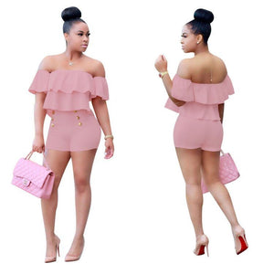 Plus Size Women Playsuits And Jumpsuit Two Pieces Set Women Ruffles Crop Top And Shorts Bodycon Bodysuit eprolo