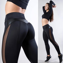 Load image into Gallery viewer, Sexy Mesh Leather Patchwork Black Leggings Women High Waist Fitness Push Up Hiking Legging Pants Jogging Femme eprolo