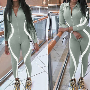 Reflective Striped Sexy Jumpsuits Women Turn Down Long Sleeve Skinny Party Romper Casual Front Zipper One Piece Playsuit eprolo