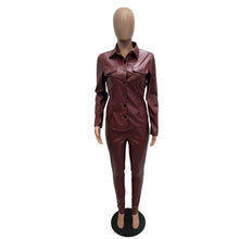 Load image into Gallery viewer, Sexy Two Piece Set Women Plus Size PU Leather Long Sleeve Top and Bodycon Pant Suit eprolo
