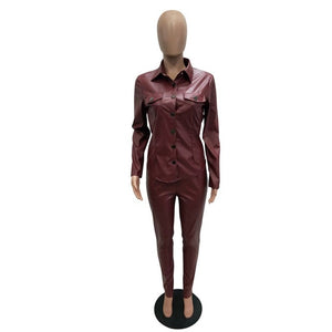 Sexy Two Piece Set Women Plus Size PU Leather Long Sleeve Top and Bodycon Pant Suit eprolo