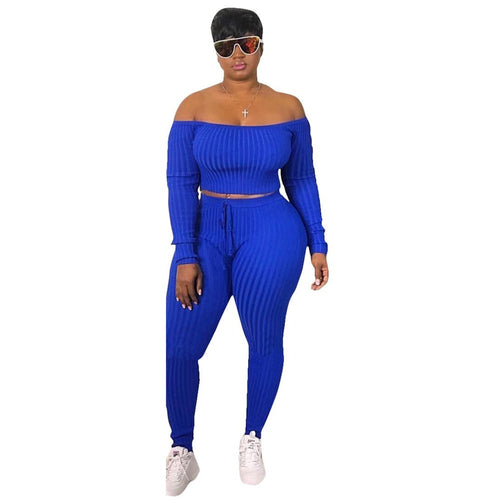 Two Piece Set Autumn Outfits Tracksuit Women Blue Ribbed Striped Slash Neck Short Tops Pencil  Pants eprolo