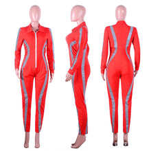Load image into Gallery viewer, Reflective Striped Sexy Jumpsuits Women Turn Down Long Sleeve Skinny Party Romper Casual Front Zipper One Piece Playsuit eprolo