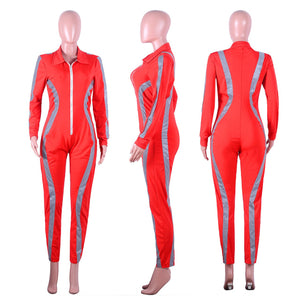 Reflective Striped Sexy Jumpsuits Women Turn Down Long Sleeve Skinny Party Romper Casual Front Zipper One Piece Playsuit eprolo
