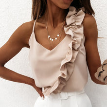 Load image into Gallery viewer, Women Summer Blouse Shirts Sexy V Neck Ruffle Blouses Backless Spaghetti Strap Office Ladies Sleeveless Casual Tops eprolo