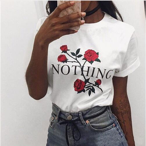 Thin Women T Shirts O Neck Rose Print Cotton Blend T-shirt eprolo