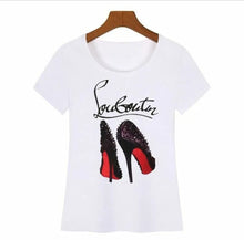 Load image into Gallery viewer, Women&#39;s White T-Shirt Tops High Heel Shoes Letter Print T-Shirt Short Sleeve