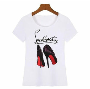 Women's White T-Shirt Tops High Heel Shoes Letter Print T-Shirt Short Sleeve